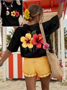 Women's T-Shirt, Casual Street Style Graphic Short Sleeve T-Shirt, Cute Summer Top - Black - View 3