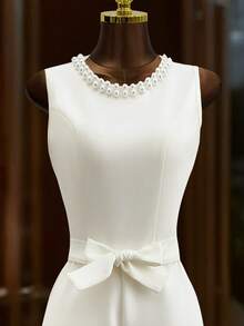 Franclia Minimalist French Style White Round Neck Pearl Embellished Sleeveless Waist Cinched Wide Leg Jumpsuit For Women - White - View 4