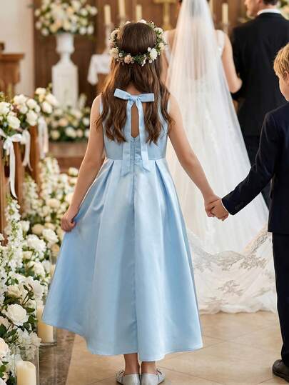 Tween Girls' Elegant Floral Bridesmaid Wedding Dress, Backless Bow Decor Sleeveless Flared, High-End Satin, Sky Blue