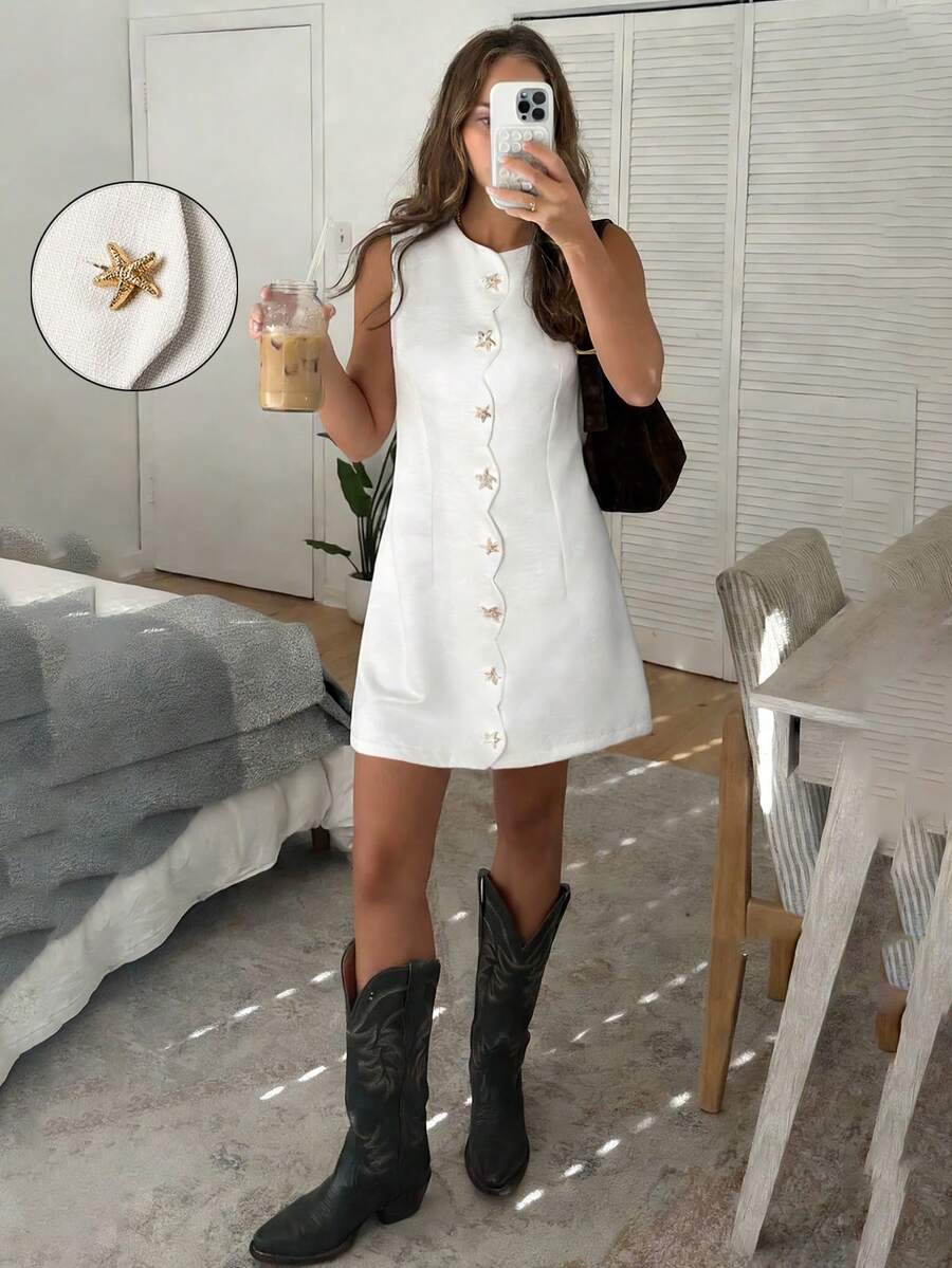 Easowa 女士休闲度假风纯色金属海星纽扣装饰贝壳边无袖收腰短裙，夏季情人节白色无袖连衣裙，白色度假连衣裙，白色休闲连衣裙，白色连衣裙，白色纽扣连衣裙，无袖白色连衣裙，白色迷你连衣裙，春季穿搭，休闲服饰 - 白色 - 查看 1