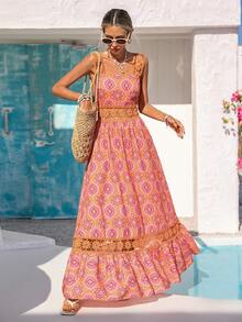 Vivid Eden 女士度假休闲纯色拼接花卉蕾丝纹理面料A字吊带连衣裙 - 彩色 - 查看 4