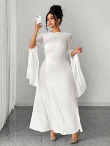 SHEIN PETITE CURVE Đầm ôm sát dáng dài tay cổ tròn xẻ tà, eo nhún bèo, chân đuôi cá, thanh lịch dành cho nữ cỡ lớn, phù hợp với người nhỏ nhắn. - trắng - Xem 4