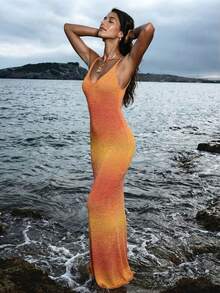 Nevyona Women's Basic Fashion Holiday Summer Beach Gradient Knit Slip Dress - Orange - View 4