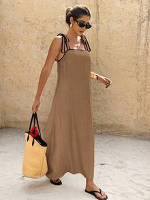 SHEIN Frenchy Women's Summer Beach Vacation & Commute Contrast Binding Knot Shoulder Dress,Summer Dress,Vacation Dress - Khaki - View 7