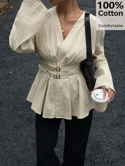 Siren Gaze Bel Sıkılaştırıcı Kruvaze Çift Kemer Uzun Kollu Gömlek, Yumuşak ve Cilt Dostu, Kayısı Rengi, İş ve Tatil İçin Uygun