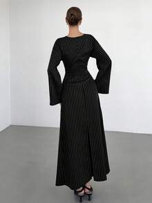 Siren Gaze 女士优雅条纹喇叭袖连衣裙，长袖飘逸连衣裙，条纹长裙，返校季穿搭，秋冬连衣裙，女士婚礼宾客礼服，女士冬季正式礼服，通勤装，休闲装 - 黑色 - 查看 2