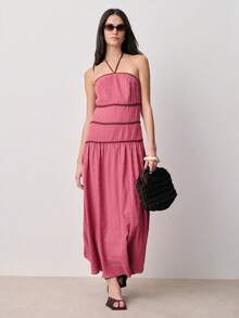 Nöista Strapless Dark Pink Dress, Off Shoulder, Textured Fabric With Tiered Bodice Details And A Flowing Shape. Summer, Events, And Weeding Occasions. - Dusty Pink - View 3