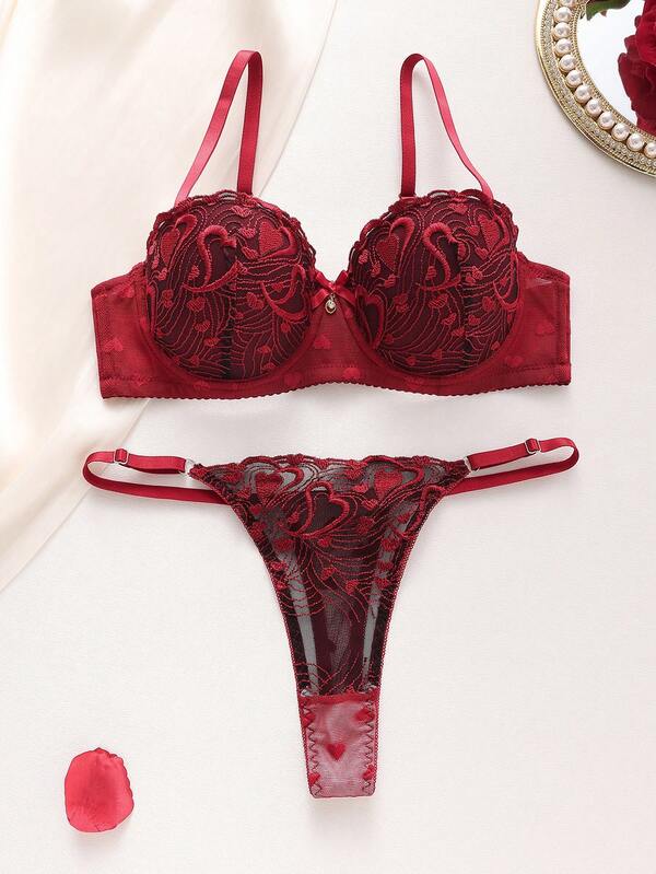 SHEIN Spitzen-Patchwork Damen Unterbügel-BH und String Set