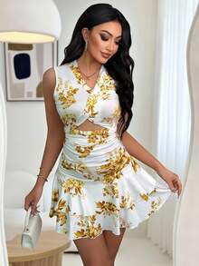 Vavine 女士时尚印花无袖短连衣裙，夏季 - 黃色 - 查看 5