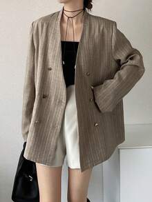 FRIFUL Women's Striped V-Neck Double-Breasted Metal Button Loose Casual Versatile Spring Blazer - Khaki - View 6