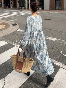 FRIFUL 女士全印花腰部拼接褶皱宽松休闲百搭春季长款睡袍 - 藍色 - 查看 2