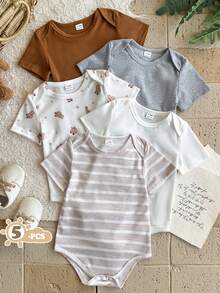 Vintaside Kids Bộ đồ liền thân ngắn tay cổ bẻ kiểu gấu hoạt hình màu trắng, xám, nâu kẻ sọc cho bé trai mùa hè, gồm 5 món. - Nhiều màu - Xem 3