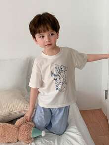 DAZY 男童卡通印花圆领短袖上衣和条纹印花长裤睡衣套装 - 白色 - 查看 3