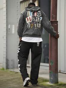 Heavens Edit Autumn And Winter "It Is What It Is" Pattern Men's Hooded Sweatshirt Top, Slightly Elastic Fit Washed And Distressed Cotton Black Long-Sleeved Cardigan Zipper Sweatshirt, Outdoor Daily Casual Jacket - Black - View 4