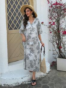 Vivie Lora 女士V领宽松全印花半拉链长连衣裙 - 灰色 - 查看 5