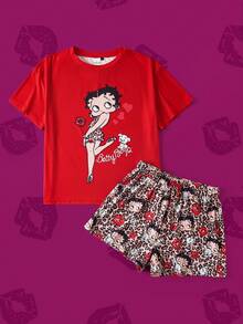 Betty Boop x SHEIN 女士舒适卡通肖像图案圆领短袖T恤和豹纹短裤睡衣套装，夏季 - 紅色 - 查看 1
