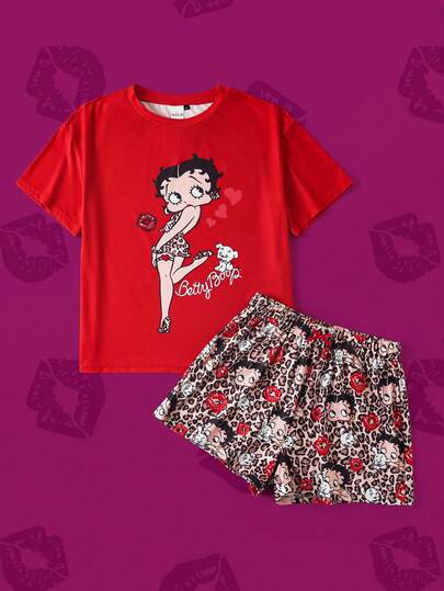 Betty Boop x SHEIN Women's Comfortable Cartoon Portrait Pattern Round Neck Short Sleeve T-Shirt And Leopard Shorts Pajama Set, Summer
