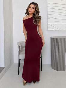 Jemour ملابس صيفية ، ملابس مناسبة للتاريخ اليومي والسفر، ملابس حفلات، ملابس داخلية أنيقة للمرأة، ملابس للخروج، فستان بذيل سمكة طويل جدًا وغير متماثل على الكتف المنحدر، ملابس نوادي للسيدات، ملابس للتاريخ، فساتين حفلات - عنابي اللون - مشاهدة 4