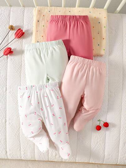 SHEIN 4pcs/Pack Newborn Baby Girls Solid Color White, Pink, Black, Gray Footie Leggings - Soft, Stretchy Ribbed Knit Fabric, Comfortable Fit, Suitable For All Seasons, Cute & Simple, Easy To Wear, High Value, Suitable For Home, Outings, Vacation, Daily Wear, 0-3 Months, Spring/Summer New Arrival, Baby Girl Clothing Set Baby Girl Multi Pack Baby Girl Trousers Newborn Baby Girl Pants Baby Girl Footed Pants Baby Trousers Babygirl Pants New Born Baby Girl Pants