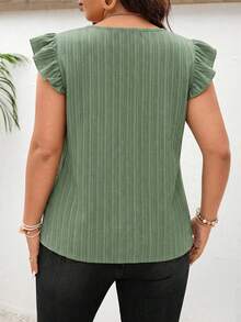 SHEIN Frenchy 大码女式纯色不对称领短袖纽扣设计休闲衬衫 - 綠色 - 查看 2