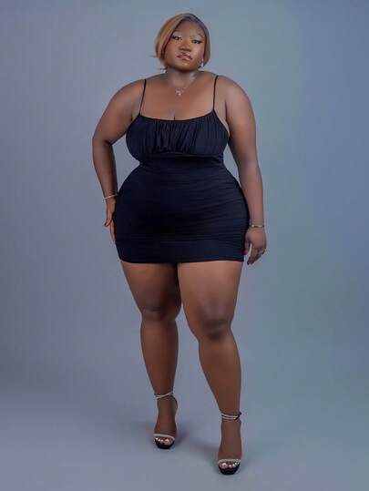 CurvyTilda Plus Size Women's Summer Sexy Black Knitted Mesh Bodycon Mini Dress With Spaghetti Straps Milkmaid Dress