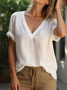 EMERY ROSE Women's Casual Daily Commute Simple Solid Color V-Neck Rolled Hem Short Sleeve White Top - White - View 4