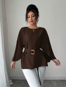 Rafferiza Damblus i fransk stil med rund halsringning, fladdermusärm och knytband i midjan, glansigt röd, vår/sommar - Kaffebrun - Visa 4