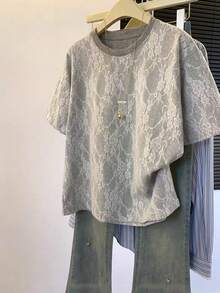 Nubod 春夏时尚休闲度假风百搭日常大码女式蕾丝边圆领落肩短袖T恤沙滩装 - 灰色 - 查看 1