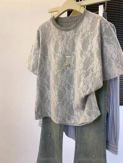 Nubod Spring/Summer Fashion Casual Resort Wear Versatile Everyday Plus Size Women's Solid Color Lace-Trimmed Crew Neck Drop-Shoulder Short-Sleeve T-Shirt Beach Outfits For Women