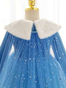 SHEIN Glamorique Kids 女童公主裙，蓝色公主裙，白色毛领，长袖，亮片，披肩，生日派对，婚礼，节日，舞会礼服，优雅正式礼服 - 水鴨藍 - 查看 6
