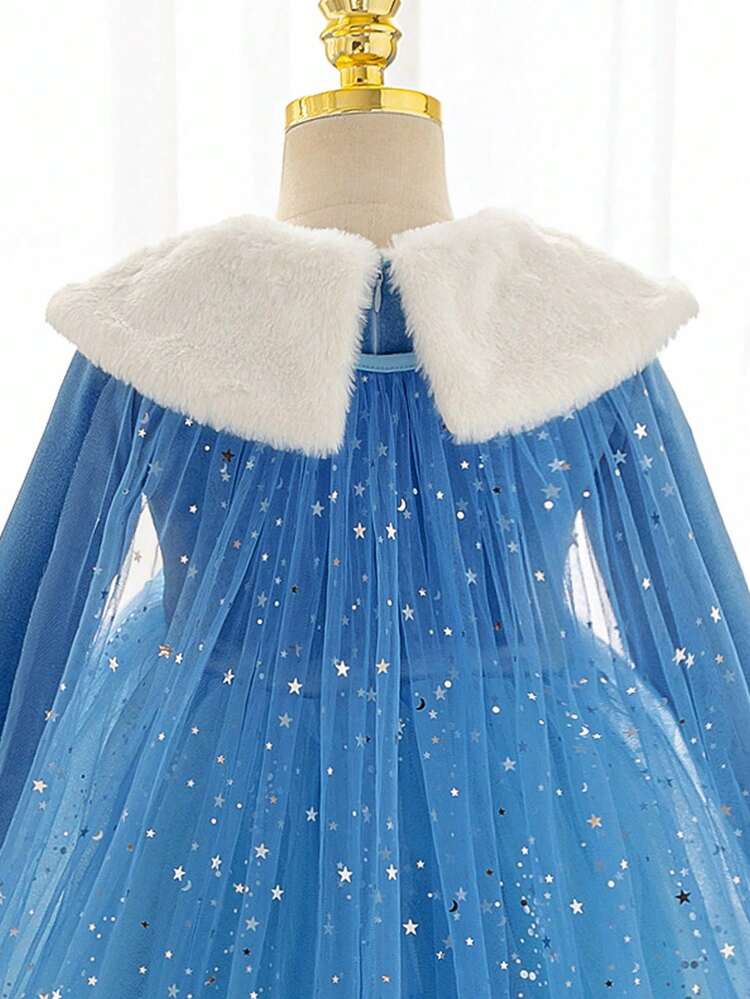 SHEIN Glamorique Kids 女童公主裙，蓝色公主裙，白色毛领，长袖，亮片，披肩，生日派对，婚礼，节日，舞会礼服，优雅正式礼服 - 水鴨藍 - 查看 6