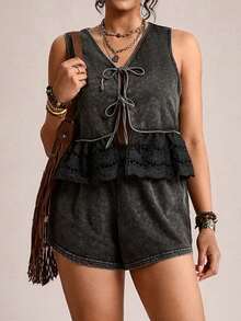 SHEIN LUNE Dark Green,Summer,Boho,Holiday Women's Plus-Size Cotton 2pcs Set:Snowflake Washed Babydoll Sleeveless Tie Front Peplum Top & Elastic Waist Shorts Set - Black - View 5