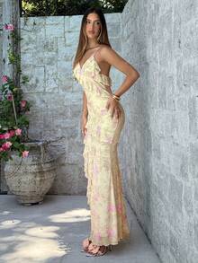 Aloruh Đầm đi biển dáng ôm thanh lịch dành cho nữ, có viền bèo nhún và họa tiết hoa. - Nhiều màu - Xem 4