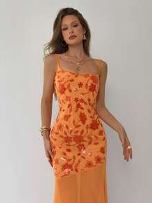 Aloruh 女士新款纯橙色亮片刺绣雪纺吊带修身长裙，性感垂褶领口，适合派对、婚礼、海滩、度假、晚宴、约会等场合 - 橘色 - 查看 2