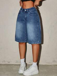 SHEIN ICON Quần short denim nữ kiểu dáng thường ngày, có túi và cúc. - Màu xanh lam - Xem 5