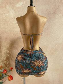 Soleia 女士性感复古图案网纱深V领串珠装饰紧身迷你连衣裙，适合节日派对、圣诞节、约会之夜、夜店、波西米亚风、度假、秋季等场合。 - 藍色 - 查看 2