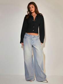 COSMINA Denim 女士休闲前扣牛仔衬衫，修身腰部，长袖牛仔上衣，适合日常穿着和通勤，优雅牛仔上衣，秋冬牛仔上衣，春季牛仔上衣，休闲牛仔，灰色牛仔上衣，日常街头风格，秋季风格。 - 黑色 - 查看 3