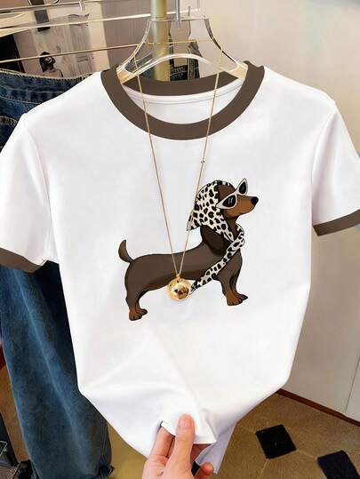 Resyla Camiseta gráfica casual para mujer, nuevo diseño de verano, color blanco, estampado de cachorro lindo, elemento de leopardo, para exteriores, camiseta de manga corta para mujer