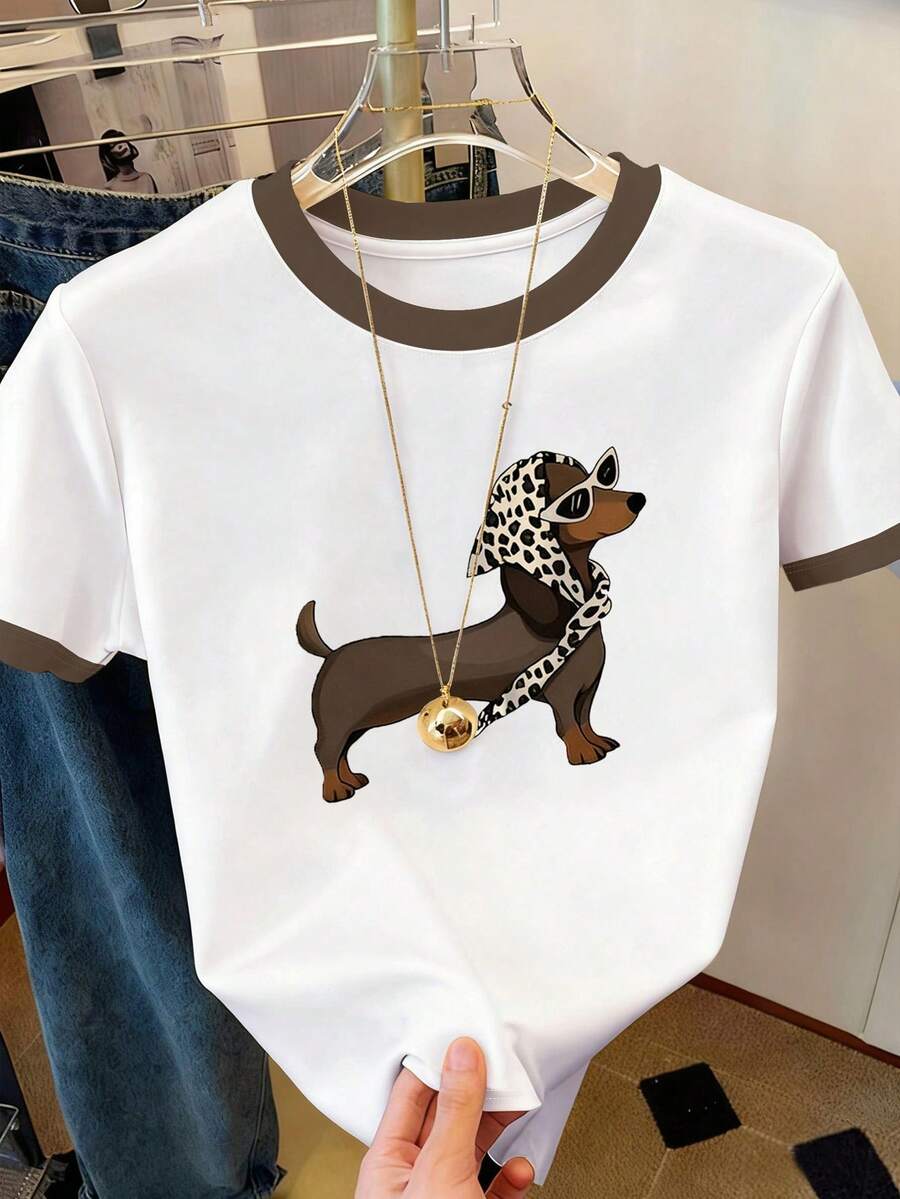 女士休闲印花T恤，夏季新款，白色，可爱小狗印花，豹纹元素，户外，女士短袖T恤 - 彩色 - 查看 1