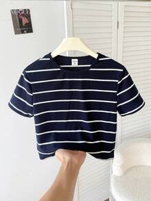 SHEIN Tween Girl Casual Mixed Striped Knit Crew Neck Short Sleeve Top - Navy Blue - View 1