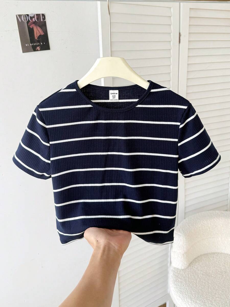 SHEIN Tween Girl Casual Mixed Striped Knit Crew Neck Short Sleeve Top - Navy Blue - View 1