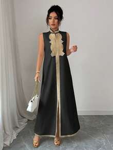 Rafferiza 中东风格女式金色镶边无袖开衩连衣裙 - 黑色 - 查看 4