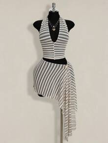 SHEIN ICON Chân váy thời trang nữ kẻ sọc, cạp chun nối liền, vạt bất đối xứng. - Nhiều màu - Xem 11