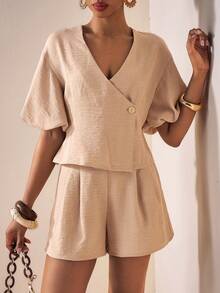 Zivah 2026春夏新款音乐节、复活节、圣帕特里克节、情人节、约会、西部风、游牧风、生日派对、毕业典礼、大学、学生、日常穿着、百搭基础款、休闲、度假、邮轮旅行、海滩、日光浴、热门单品、街头风、婚礼宾客波西米亚风、通勤、早午餐、机场、派对、假日郊游、办公室穿着 V领泡泡袖短袖上衣和带口袋直筒亚麻杏色两件套 - 杏色 - 查看 7