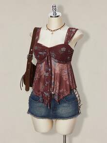 SHEIN ICON Áo tank top không tay in họa tiết tối giản kiểu miền Tây, phong cách hippie, áo cao bồi, áo kiểu khăn choàng, hàng mới về năm 2026 dành cho nữ, thích hợp cho các lễ hội mùa xuân hè. - Nhiều màu - Xem 6