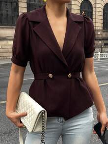 DAZY Chemise formelle de navettage rouge pour femmes avec col, manches bouffantes et ceinture à la taille, style Y2K d'été - Rouge foncé - Voir 6