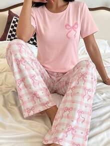 Elladie kids Bộ 2 món/Bộ đồ ngủ in họa tiết nơ và quần short kẻ sọc cho bé gái tuổi teen, vải dệt kim mềm mại, thoải mái, phong cách ngọt ngào và thanh lịch - Hồng - Xem 5