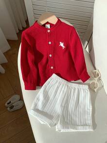 SHEIN 2pcs/Set Baby Boy Baby Boy Spring/Summer Fashion Casual Red Long Sleeve Woven Shirt And White Shorts Outfit Baby Boy Burgundy Clothes Baby Boy Red Shirt - Burgundy - View 6
