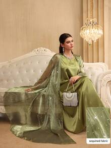 Al Najma Spring/Summer Glamorous Sleeveless Dress With Metallic Foil Embellished Flared Maxi Robe Cardigan - Green - View 2