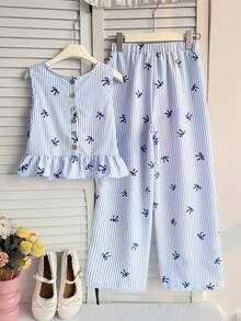 SHEIN Tween Girls Vacation Casual Woven Blue Bow Print Striped Cami Top & Wide Leg Pants Set,Bule Striped Vest Two Pieces Set - Blue - View 5